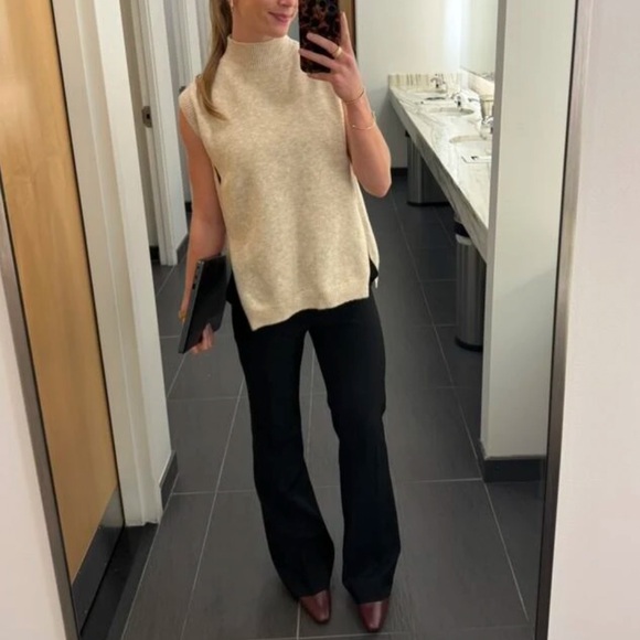 Beige High Neck Knit Vest Sleeveless Sweater Top Side Slits - Picture 11 of 14